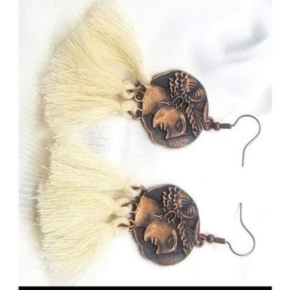 Bronze toned fish Hook cream colored tassel Dangle thread earrings